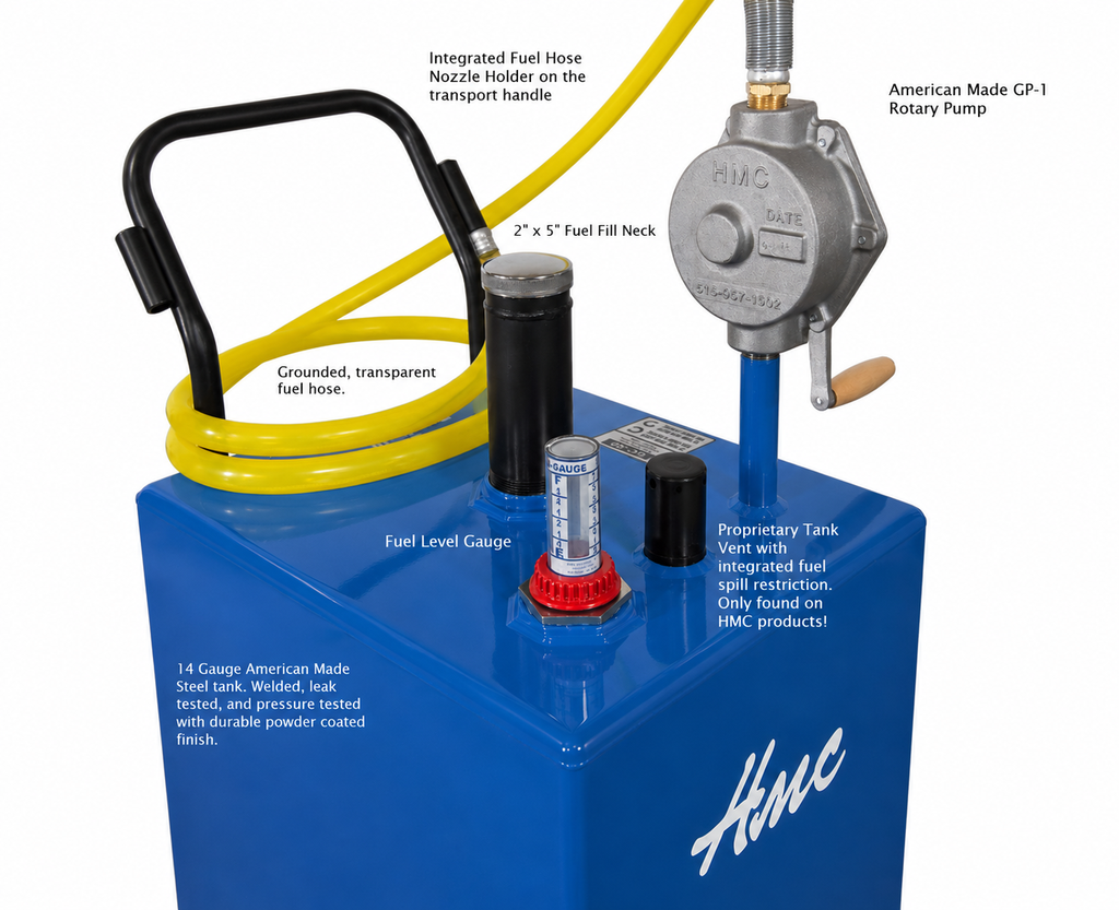 HMC Industries 30 gallon caddy for kerosene, mixed fuel, and more. Powder coated blue.