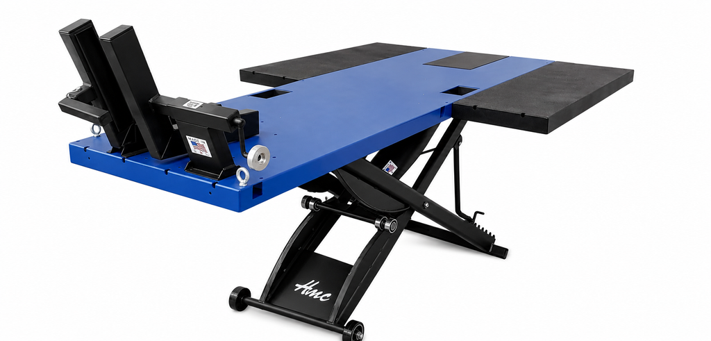 SL Series Trike Motorcycle lift with Thunder Blue Top. Manufactured by HMC Industries.